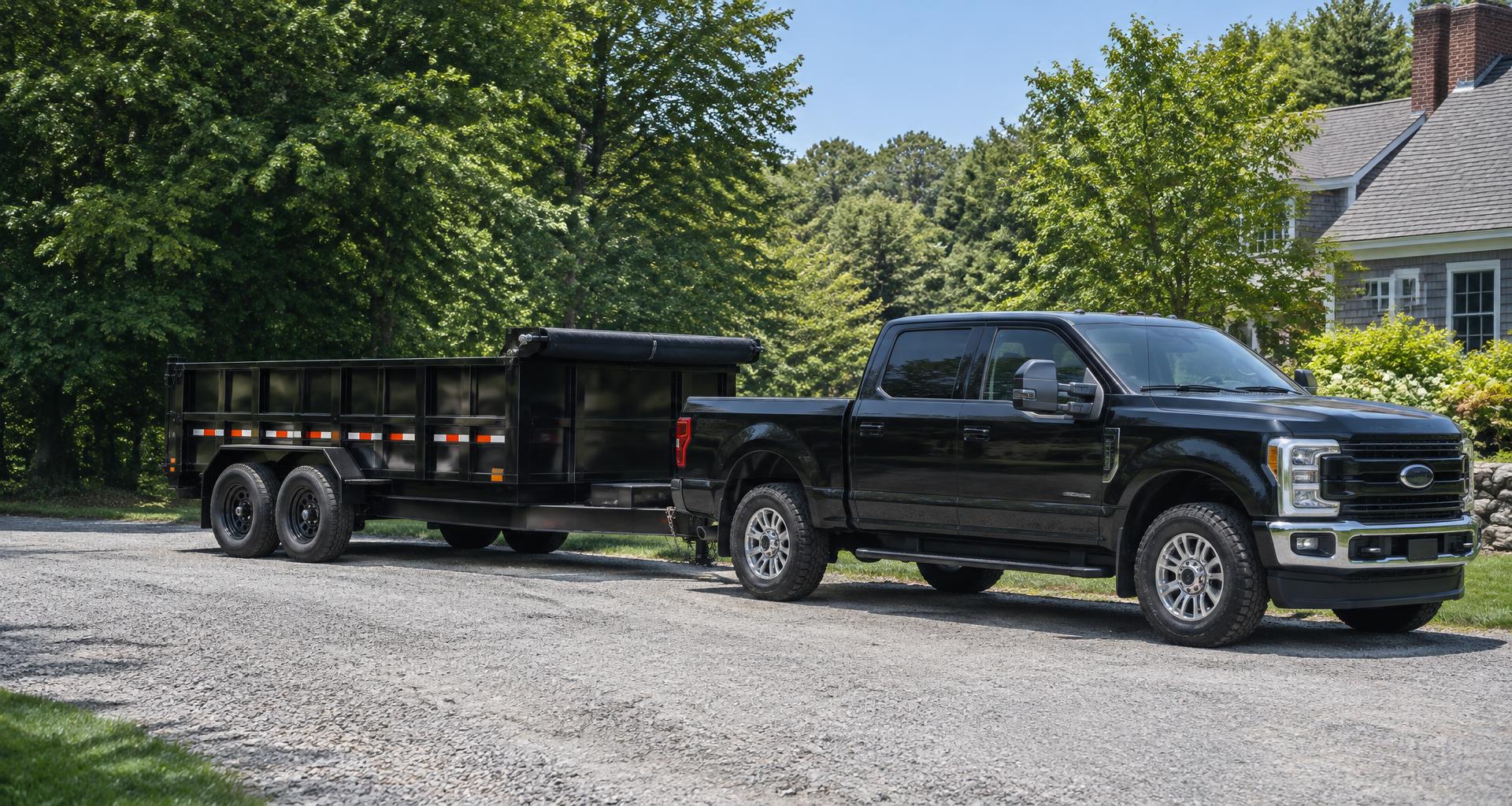 Illustrative black pickup and dump trailer at a residential property